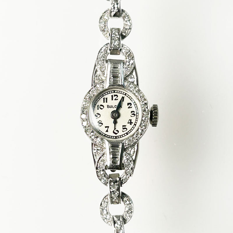 BULOVA プラチナPT900 ダイヤモンド70ピース 1930年代 アールデコ レディースアンティーク腕時計 OH済 完動